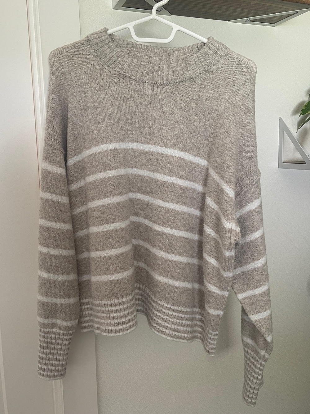 American Eagle Cozy Taupe & White Striped Knit Sweater